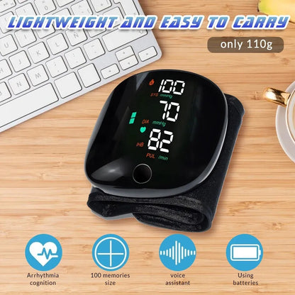 Digital Wrist Blood Pressure Monitor with Voice Assistant – Automatic BP Machine with Large LCD Display, Heart Rate Monitor, Arrhythmia Detection, 100 Memory Storage, Portable Home Use Blood Pressure Checker