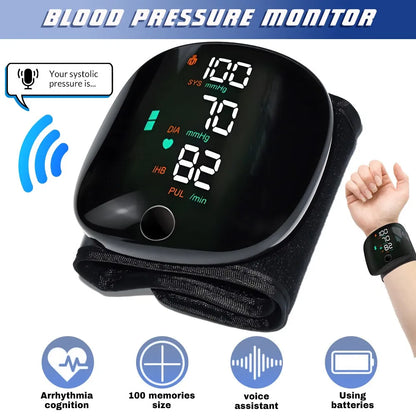 Digital Wrist Blood Pressure Monitor with Voice Assistant – Automatic BP Machine with Large LCD Display, Heart Rate Monitor, Arrhythmia Detection, 100 Memory Storage, Portable Home Use Blood Pressure Checker