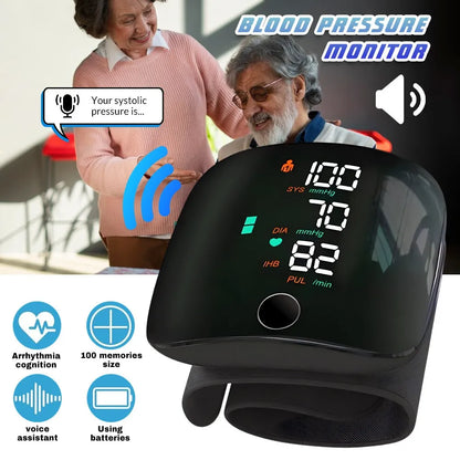 Digital Wrist Blood Pressure Monitor with Voice Assistant – Automatic BP Machine with Large LCD Display, Heart Rate Monitor, Arrhythmia Detection, 100 Memory Storage, Portable Home Use Blood Pressure Checker